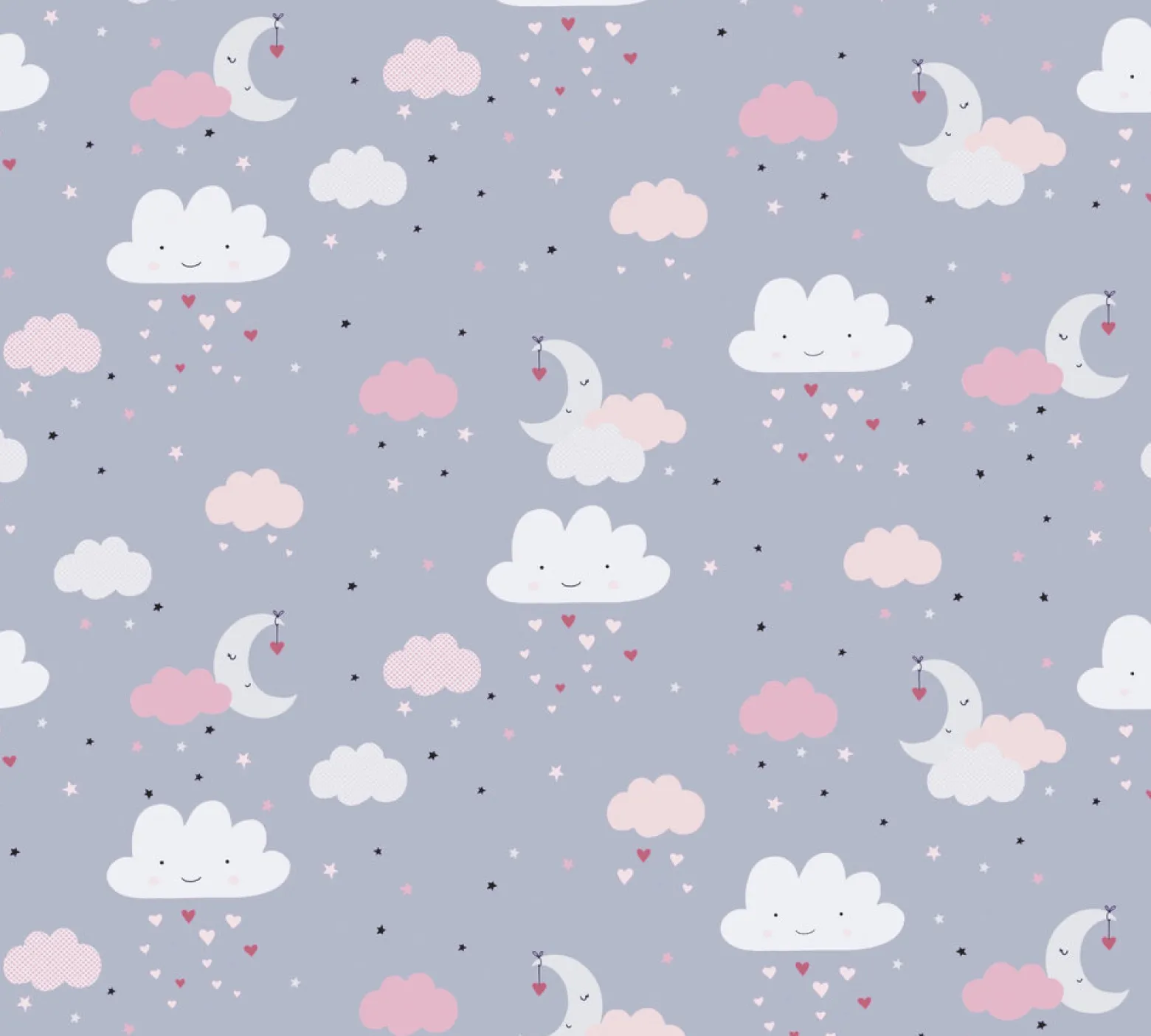 Vliestapete Kinder Wolken Mond Sterne grau rosa 38125-1