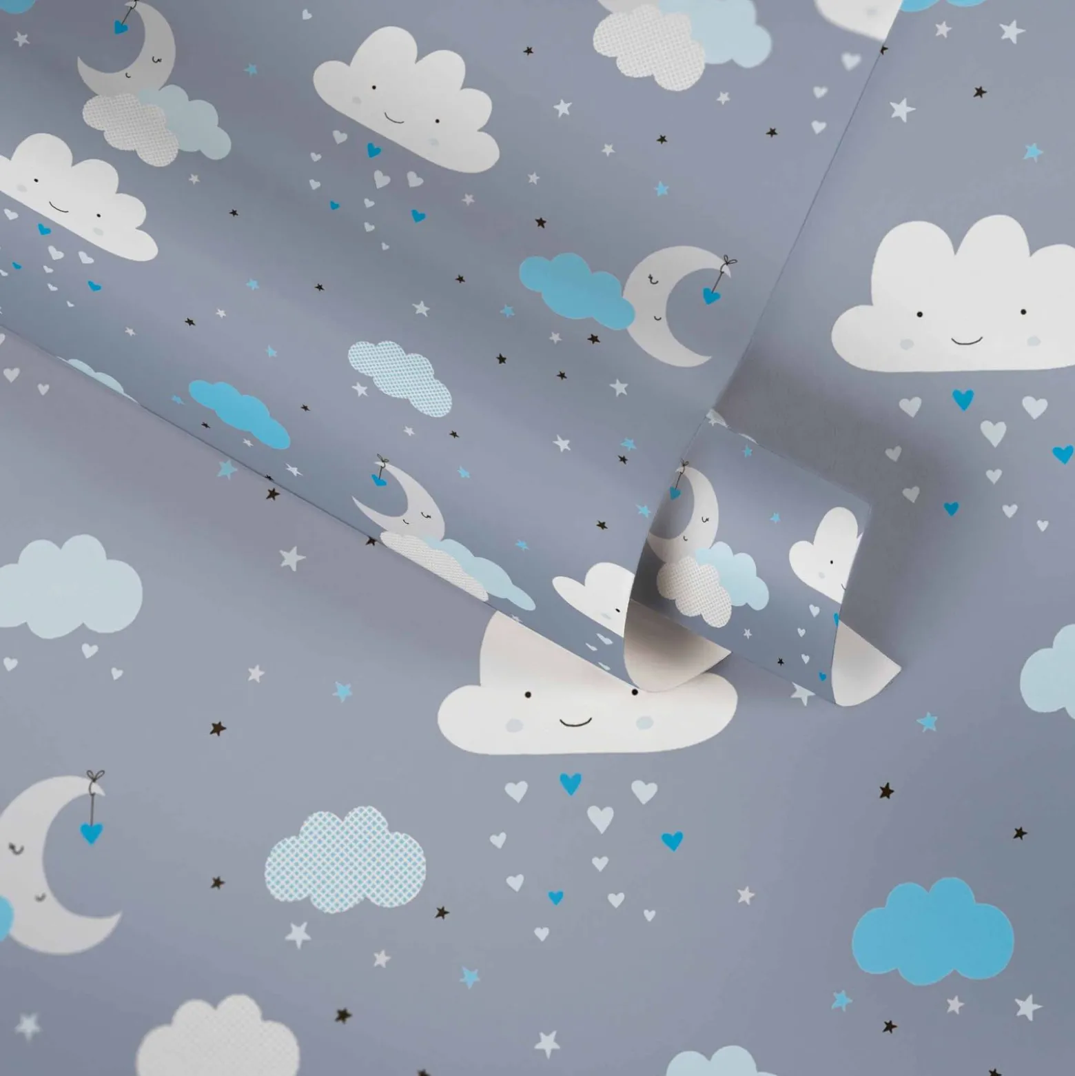 Vliestapete Kinder Wolken Mond Sterne grau blau 38125-2