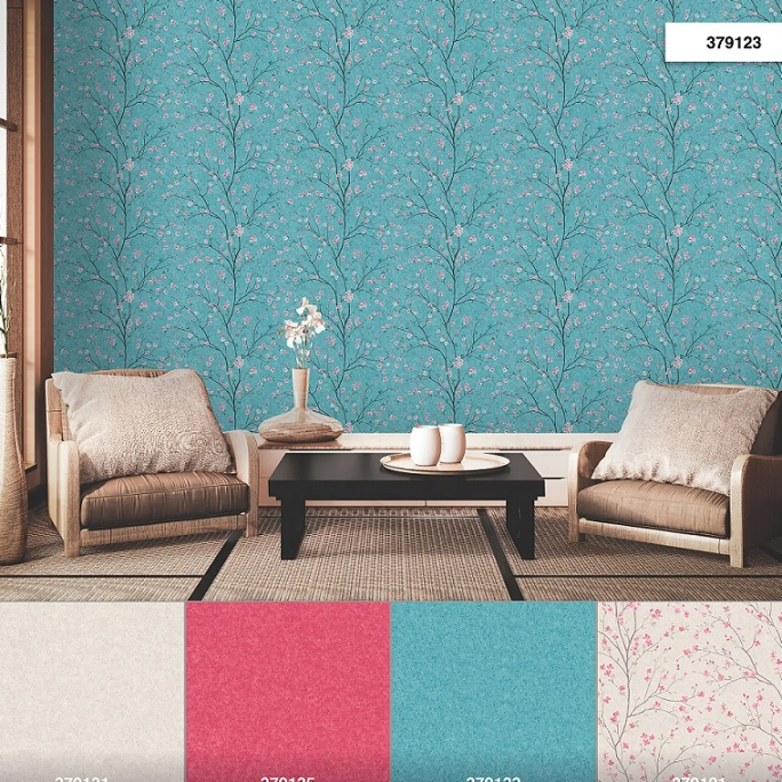 Vliestapete Kirschblüten Floral blau rosa 37912-3