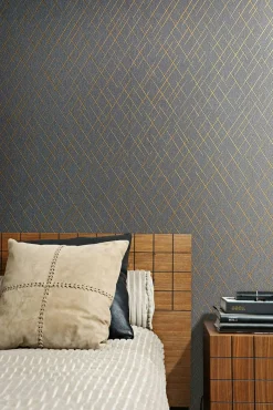 Vliestapete Linien Rauten Anthrazit Gold Metallic 82408