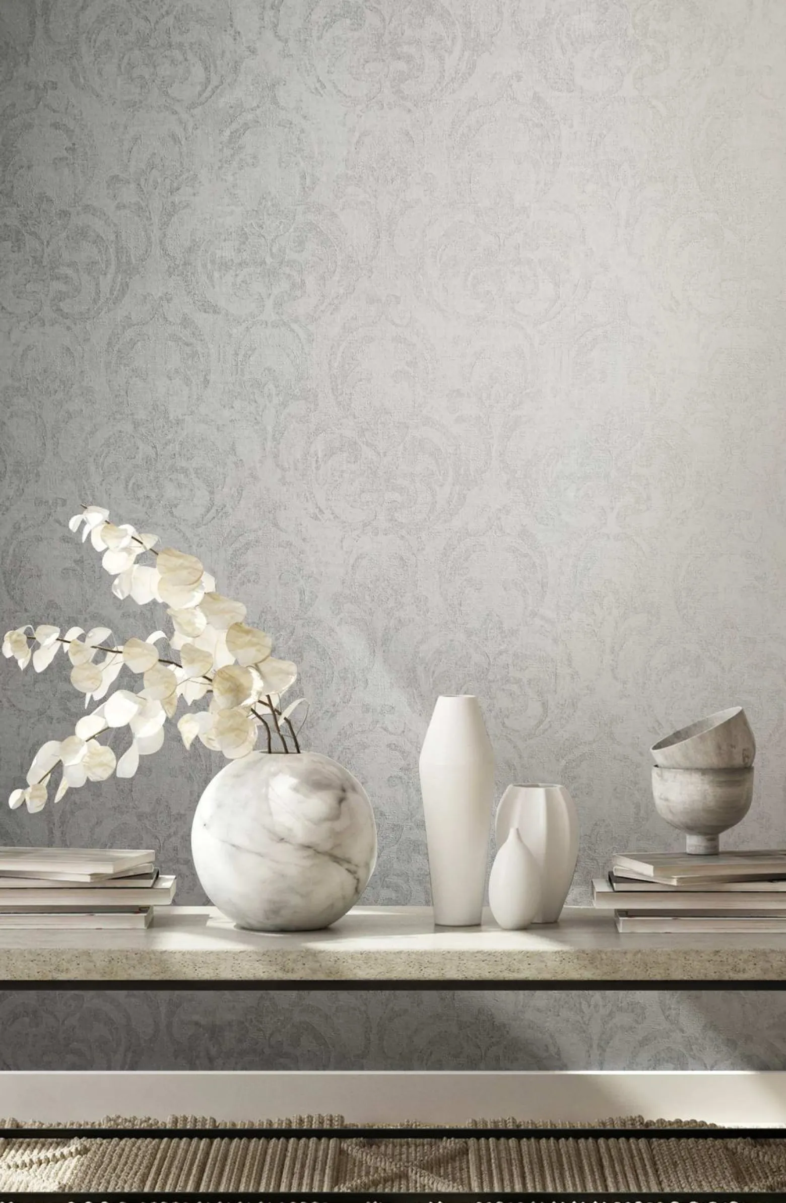 Vliestapete Ornamente Putz Optik Creme Grau Weiß 82386