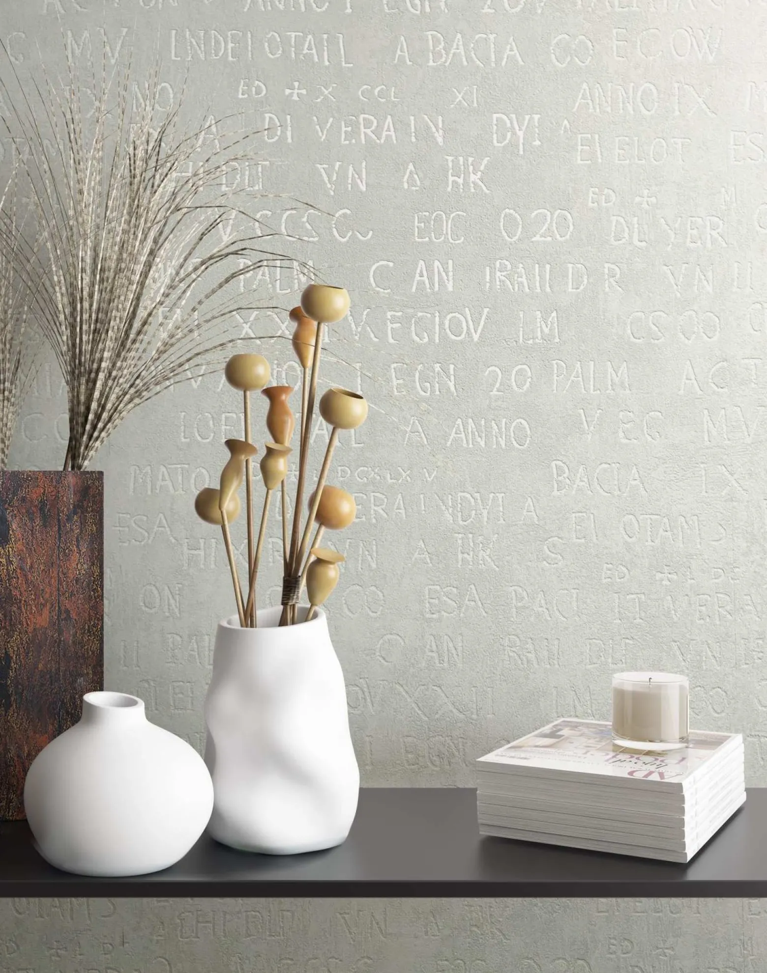 Vliestapete Putz Optik Schrift Creme Grau Metallic 82364