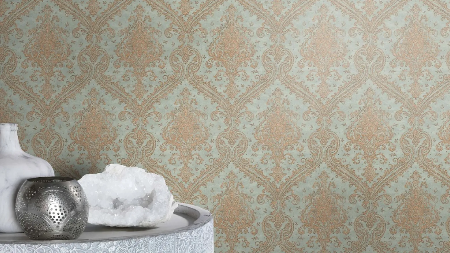 Vliestapete Rasch Barock blau-grau gold Metallic 420531