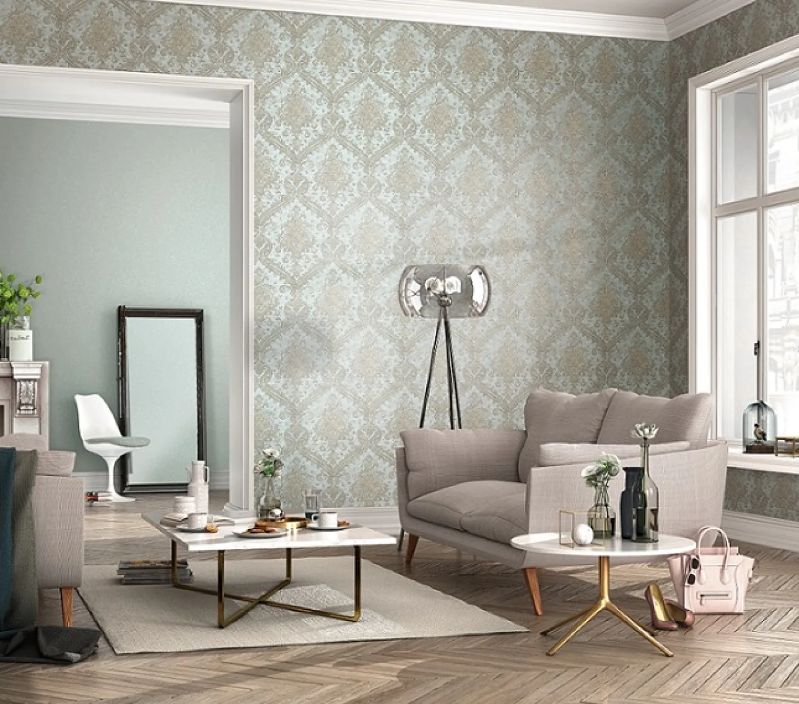 Vliestapete Rasch Barock blau-grau gold Metallic 420531