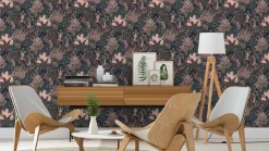 Vliestapete Rasch Blattmuster Schwarz Rosa Beige 866247