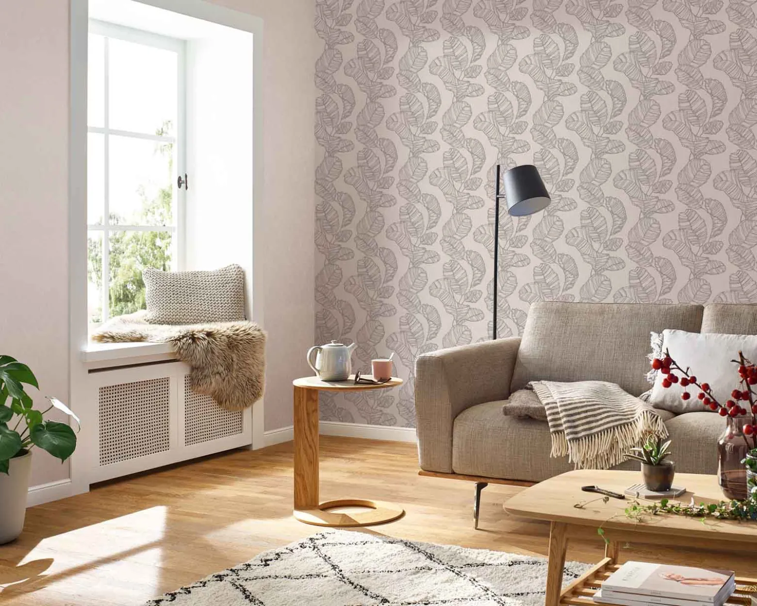 Vliestapete Rasch Blatt Muster Beige Silber 822632