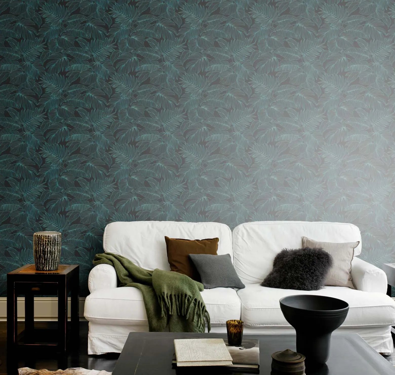 Vliestapete Rasch Blätter Farn Schwarz Blau 865158