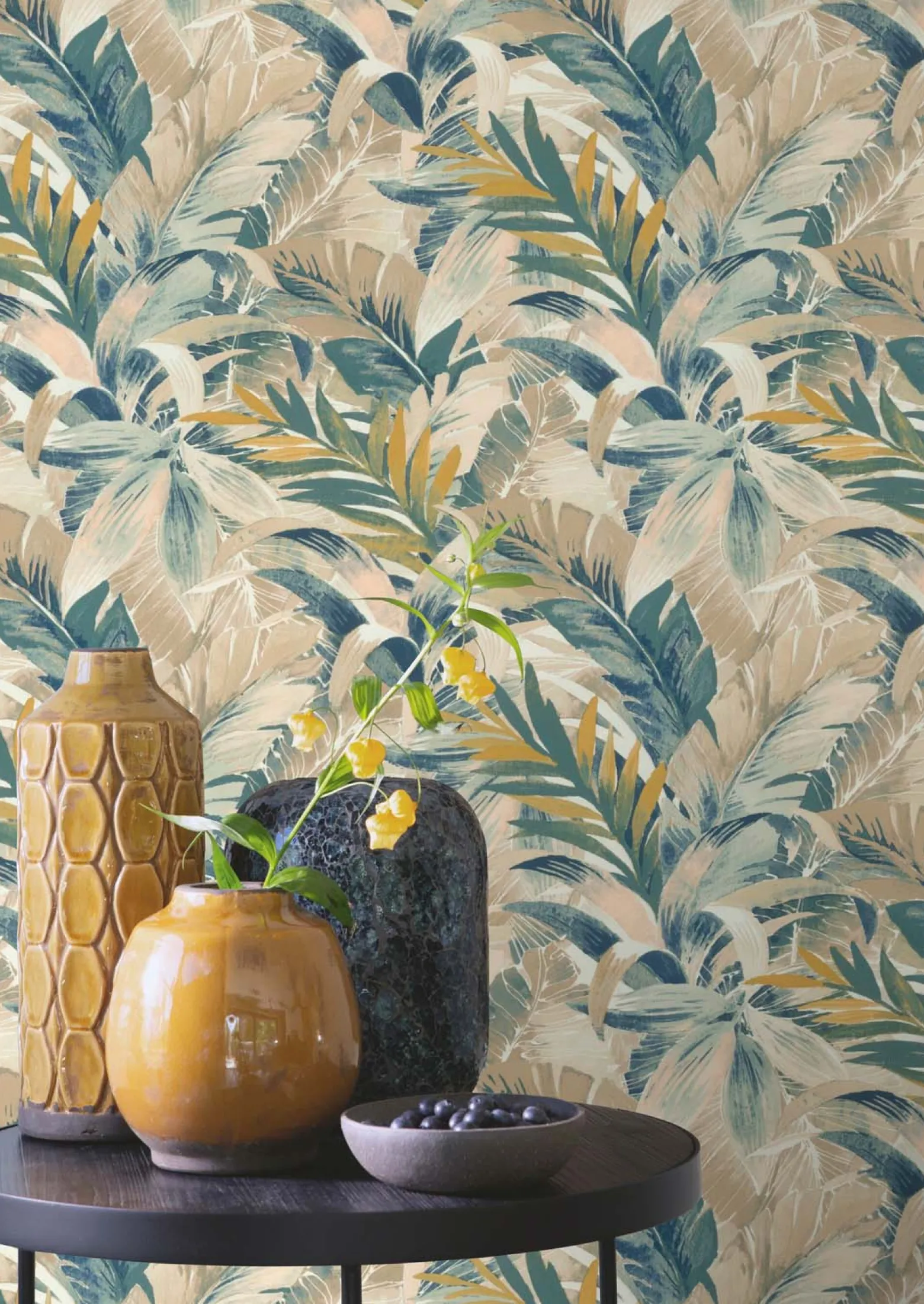 Vliestapete Rasch Blätter Palmen Beige Blau Grün 865202