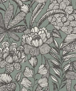Vliestapete Rasch Blumen Blätter Grün Schwarz 555356