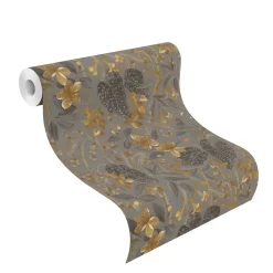 Vliestapete 538229 Rasch Blumen Grau Gelb