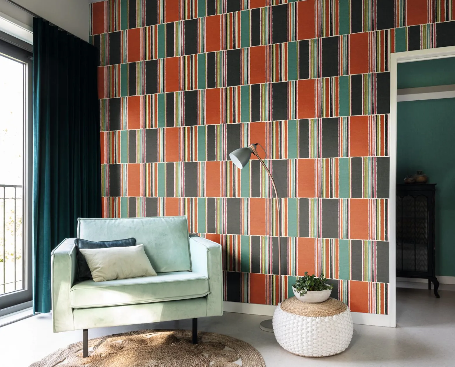Vliestapete Rasch Patchwork Stoff orange blau 484458