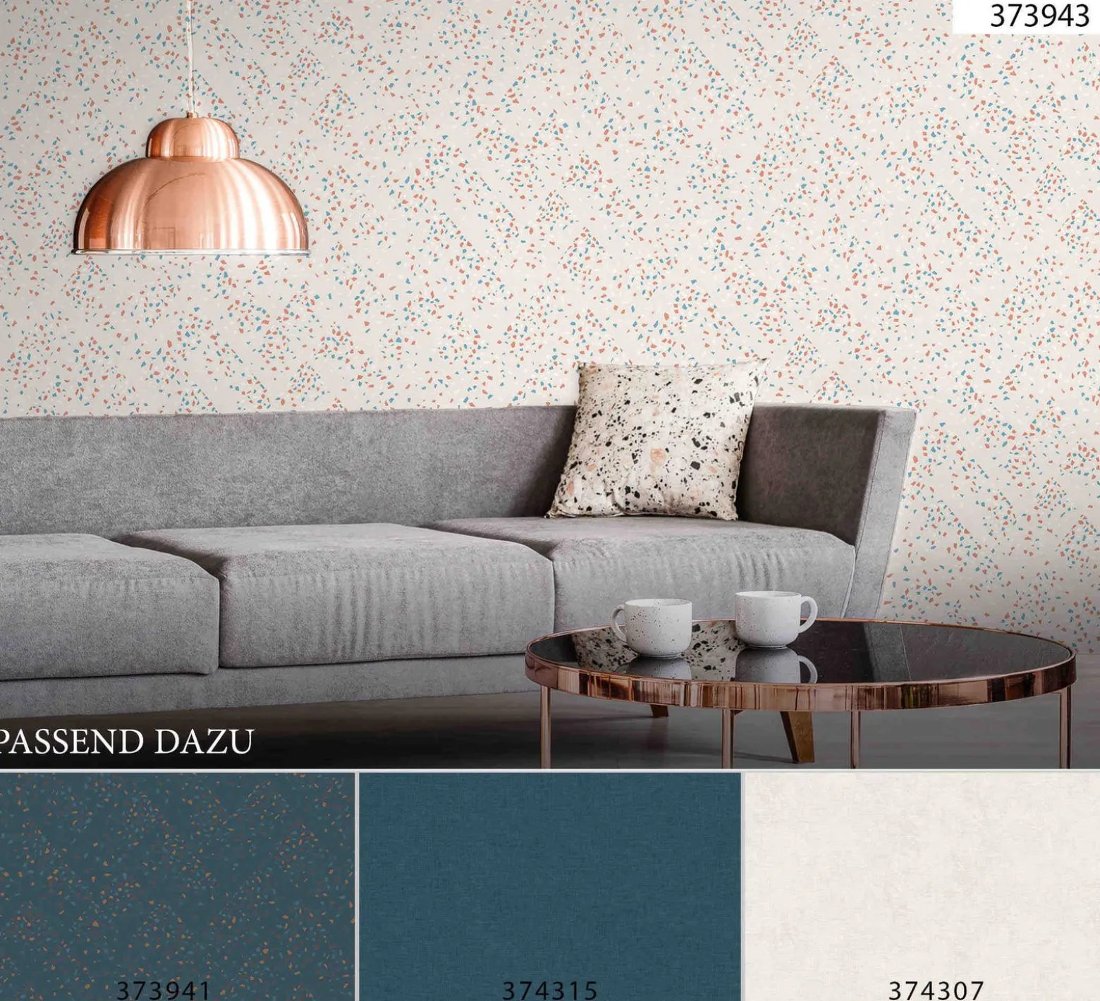 Vliestapete Rauten grauweiß kupfer blau Glanz 37394-3