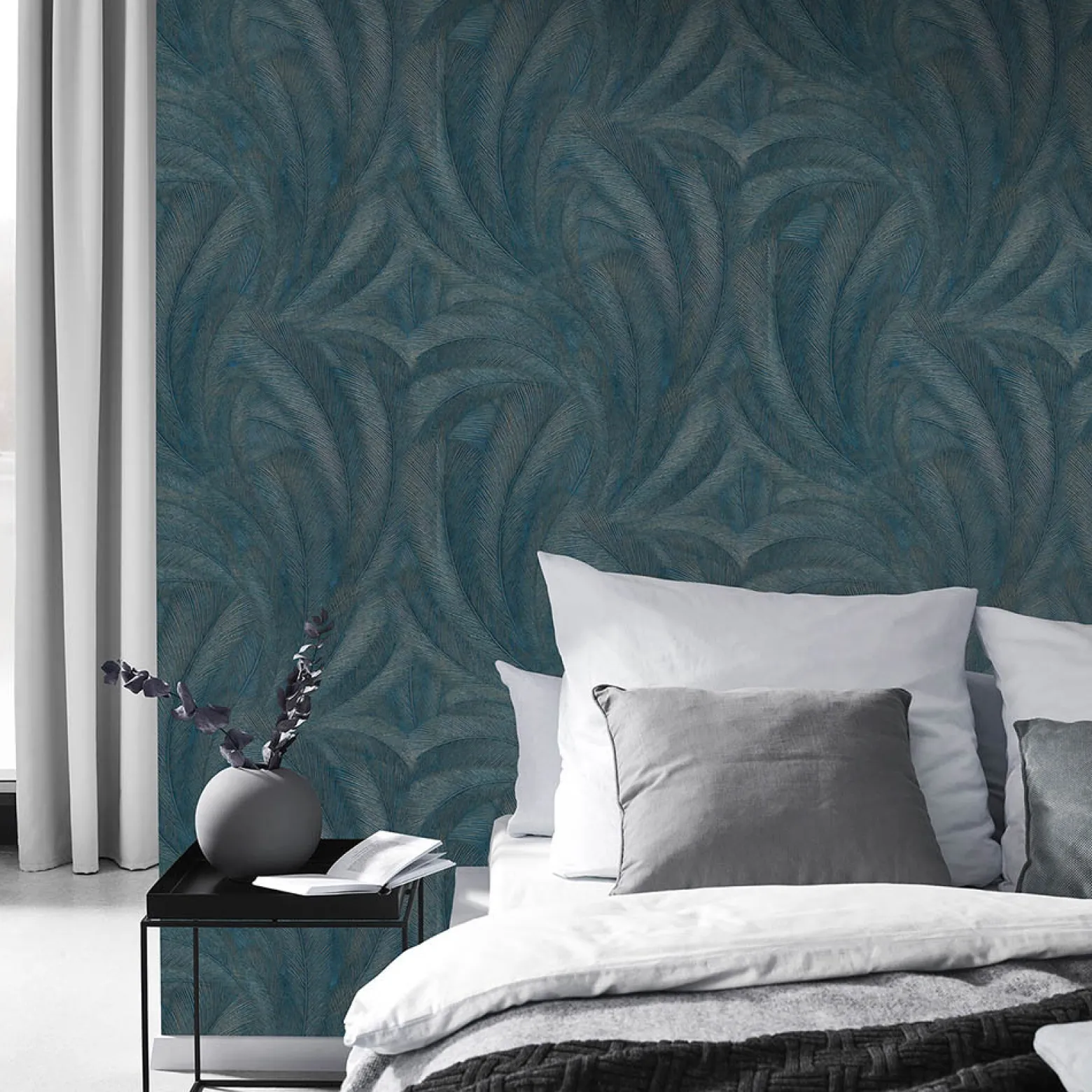 Vliestapete Tropen Blätter Petrol Silber Metallic 10476-19