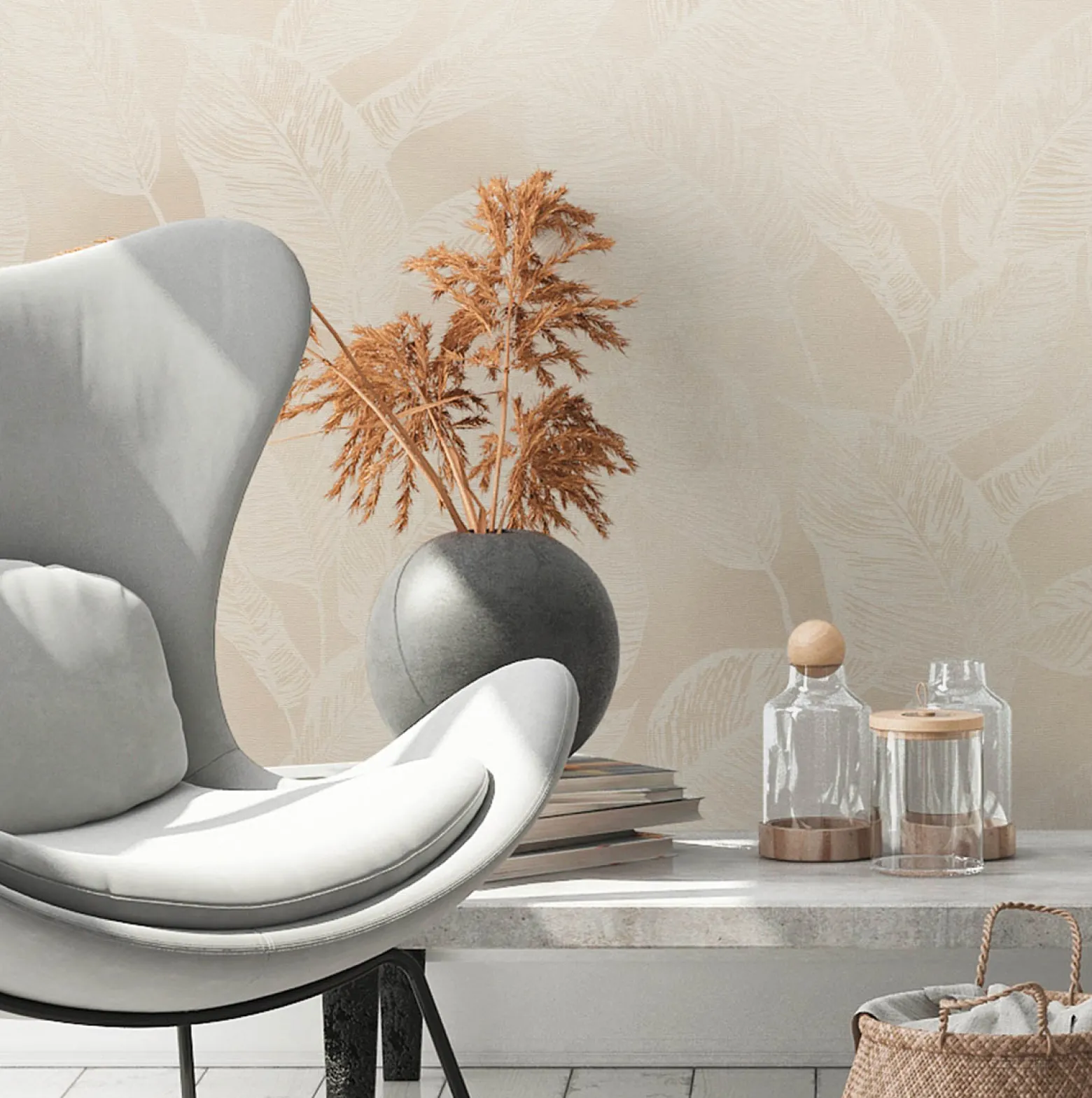 Vliestapete Tropisch Blätter Beige Creme 38663-3