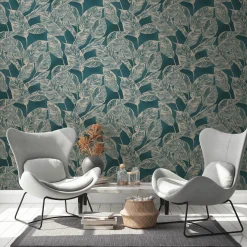 Vliestapete Tropisch Blätter Blau Beige 38663-1