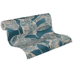 Vliestapete Tropisch Blätter Blau Beige 38663-1