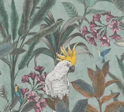 Vliestapete Tropisch Blätter Grün Blau Creme 39748-2