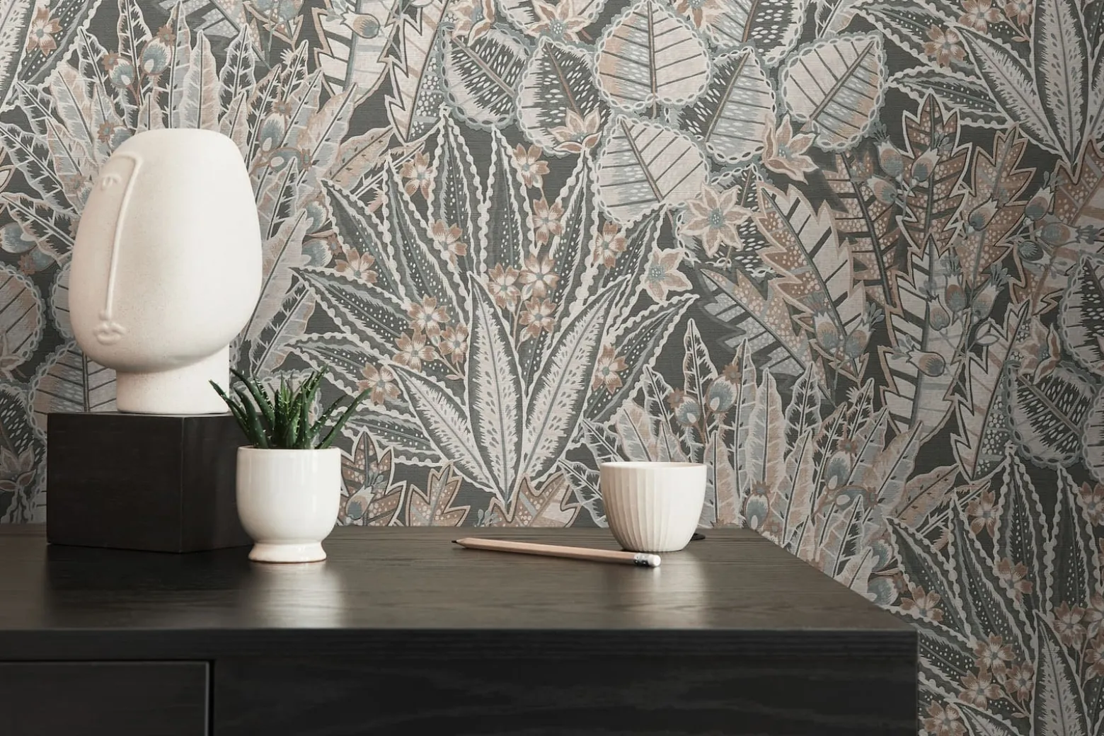 Vliestapete Tropisch Floral Schwarz Grau Braun 39653-3