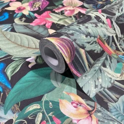 Vliestapete Tropisch Floral Schwarz Grün Rosa 81685