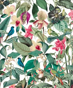 Vliestapete Tropisch Floral Weiß Grün Rosa 81686