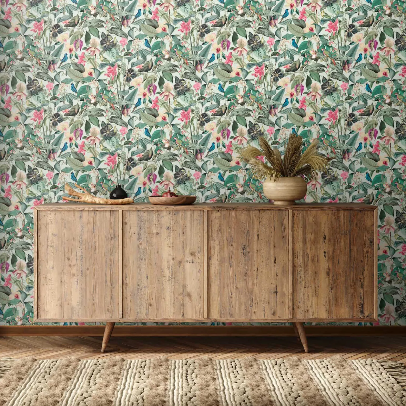 Vliestapete Tropisch Floral Dschungel Grün Rosa 81684
