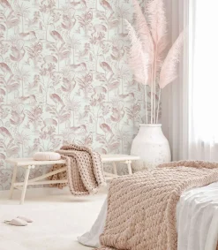 Vliestapete Vögel Palmen Weiß Rosa Marburg 47401