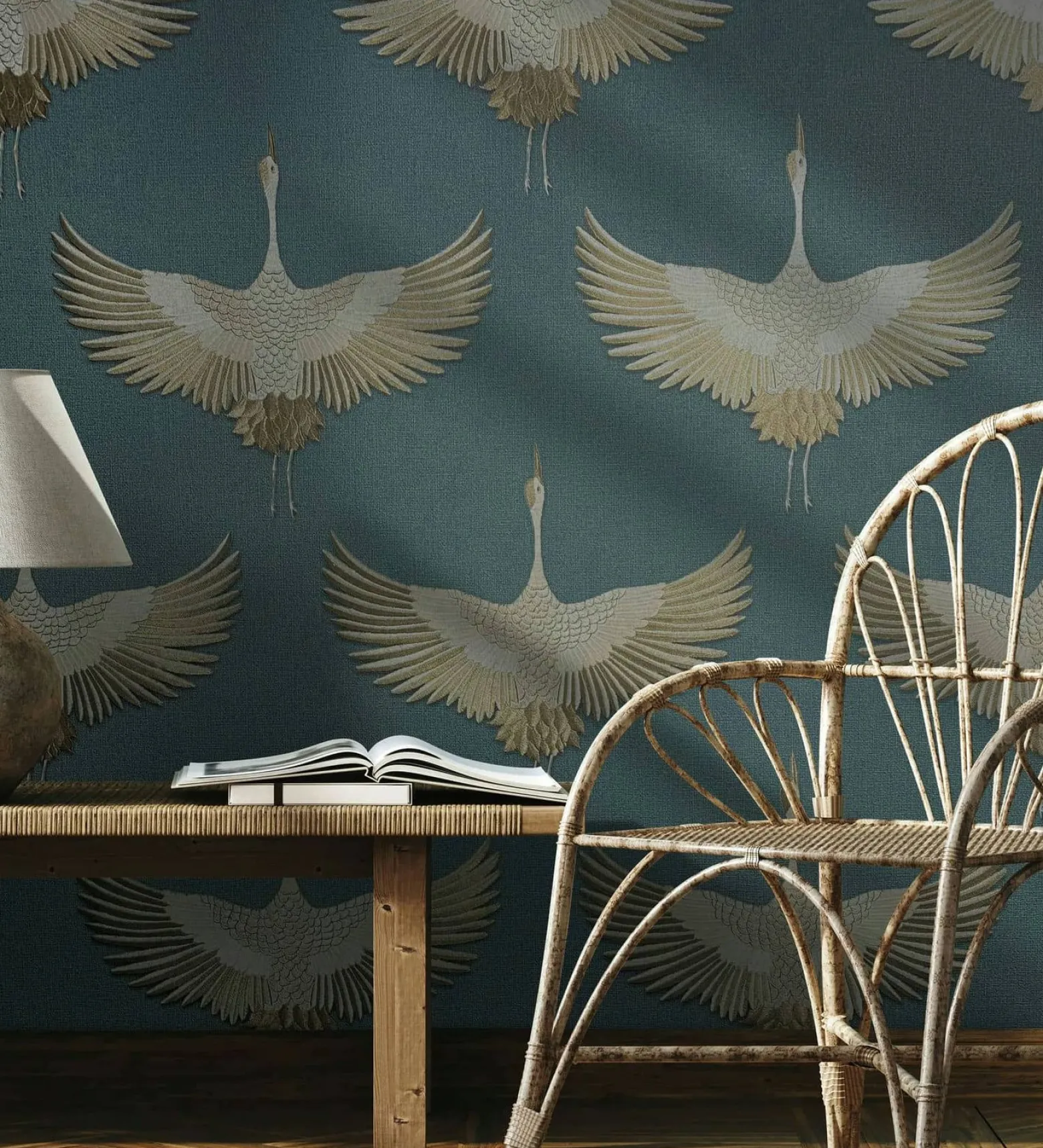 Vliestapete Vögel Textil Optik Blau Kupfer Metallic 34531