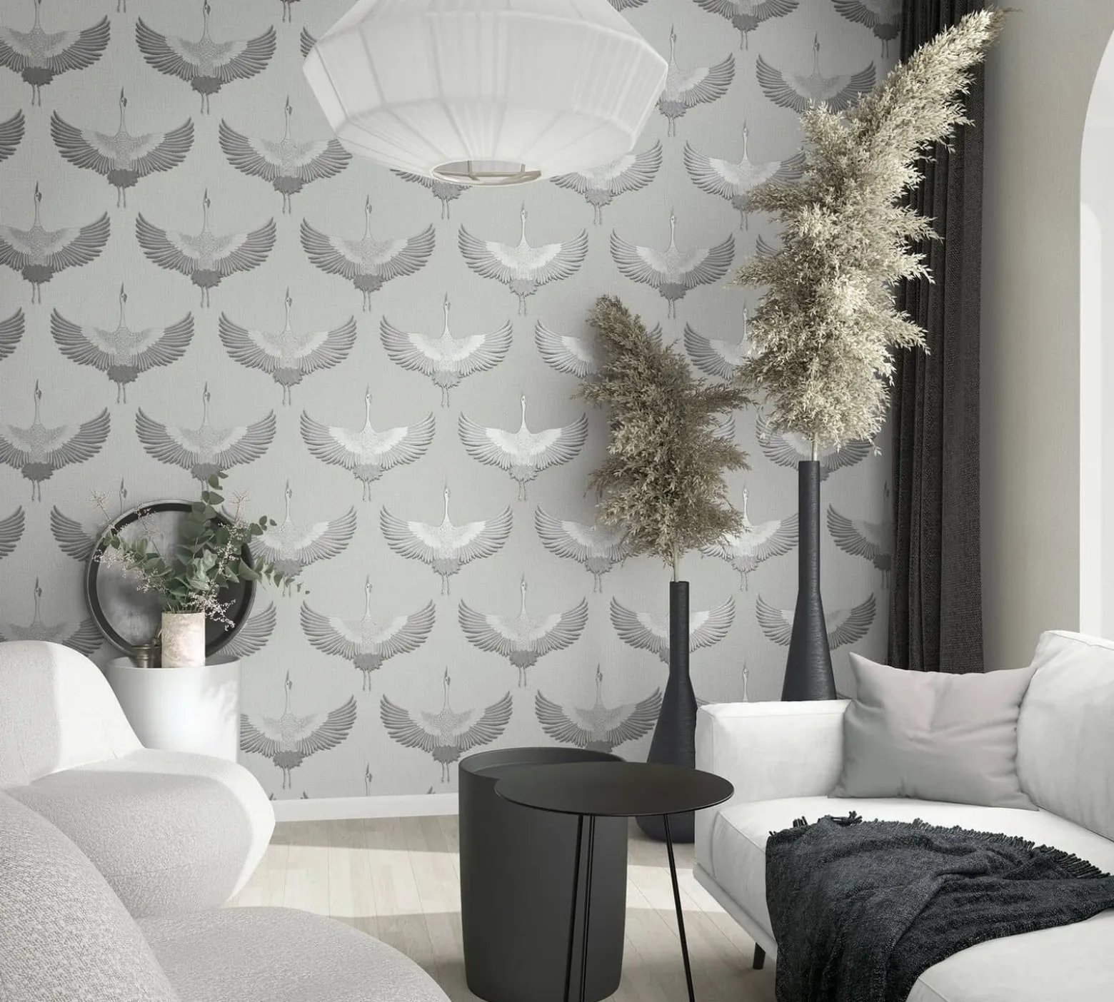 Vliestapete Vögel Textil Optik Grau Silber Metallic 34530
