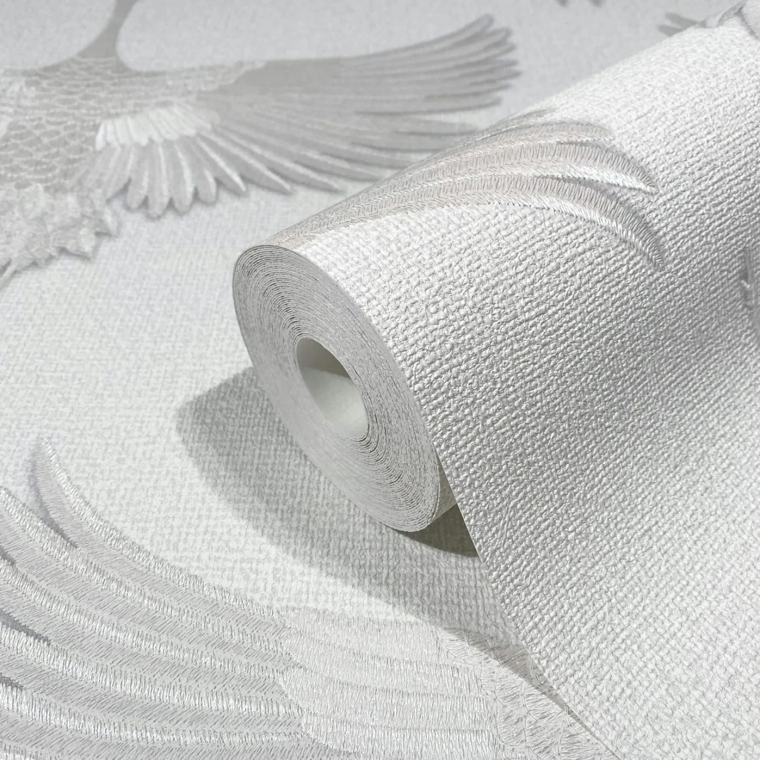 Vliestapete Vögel Textil Optik Weiß Metallic 34528