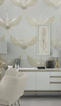Vliestapete Vögel Textil Optik Weiß Beige Metallic 34529