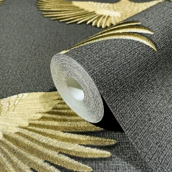 Vliestapete Vögel Textil Optik Schwarz Gold Metallic 34532