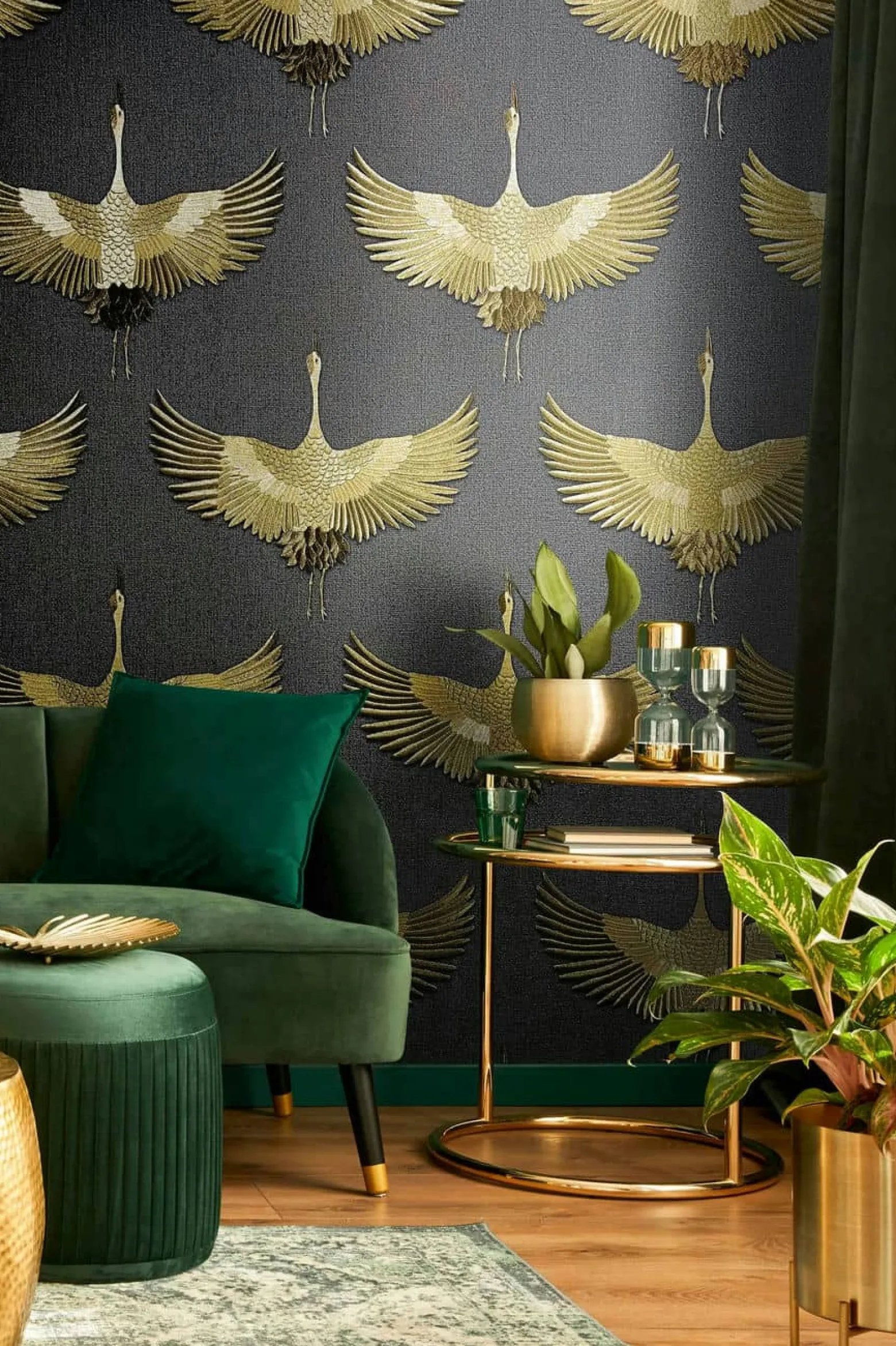 Vliestapete Vögel Textil Optik Schwarz Gold Metallic 34532