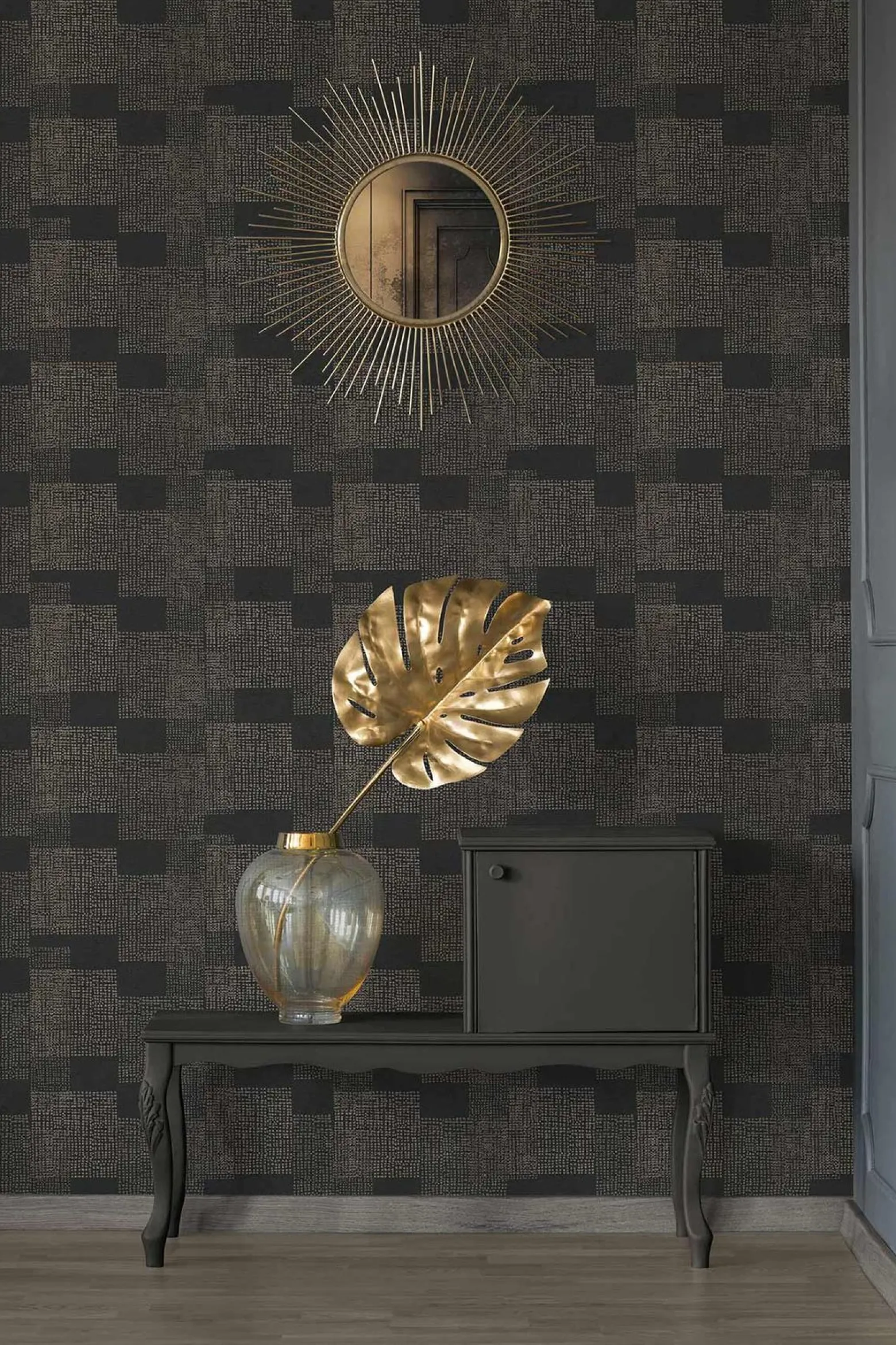 Vliestapete Vierecke Punkte schwarz gold 38525-3
