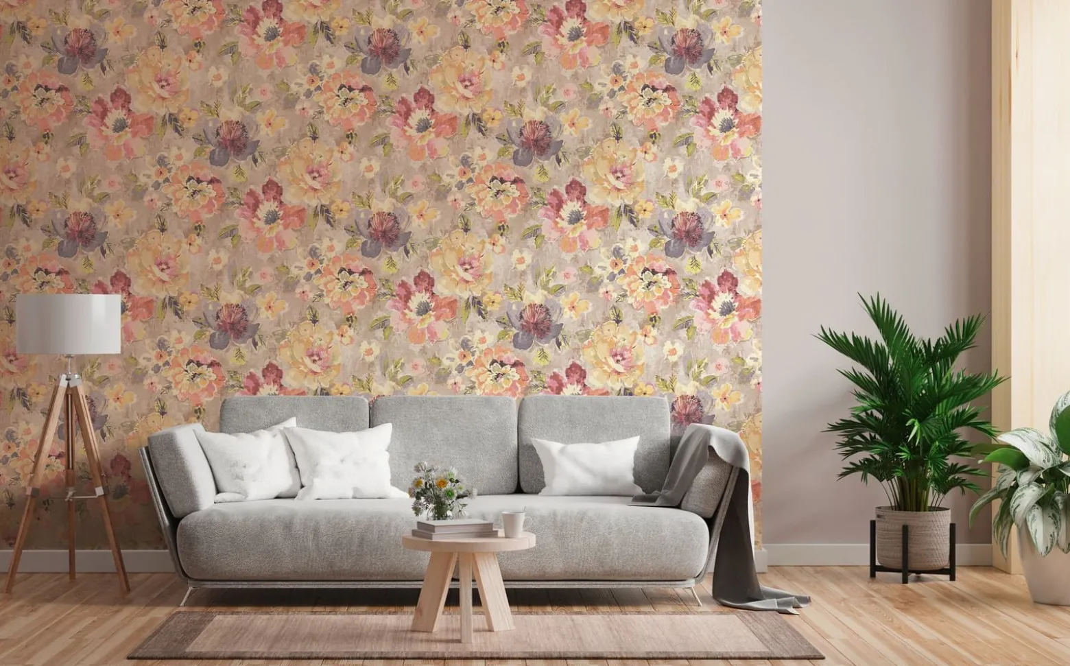 Vliestapete Vintage Blumen Aquarell Grau Rosa 39607-2