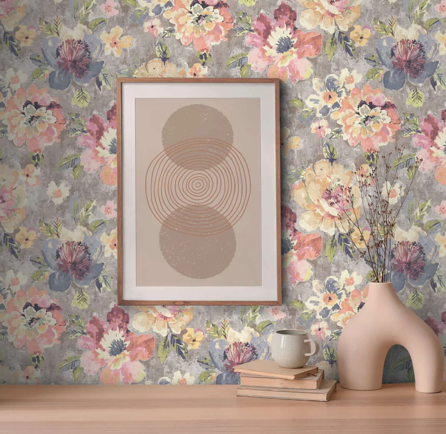 Vliestapete Vintage Blumen Aquarell Grau Rosa 39607-2