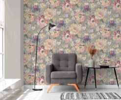 Vliestapete Vintage Blumen Aquarell Grau Rosa 39607-2