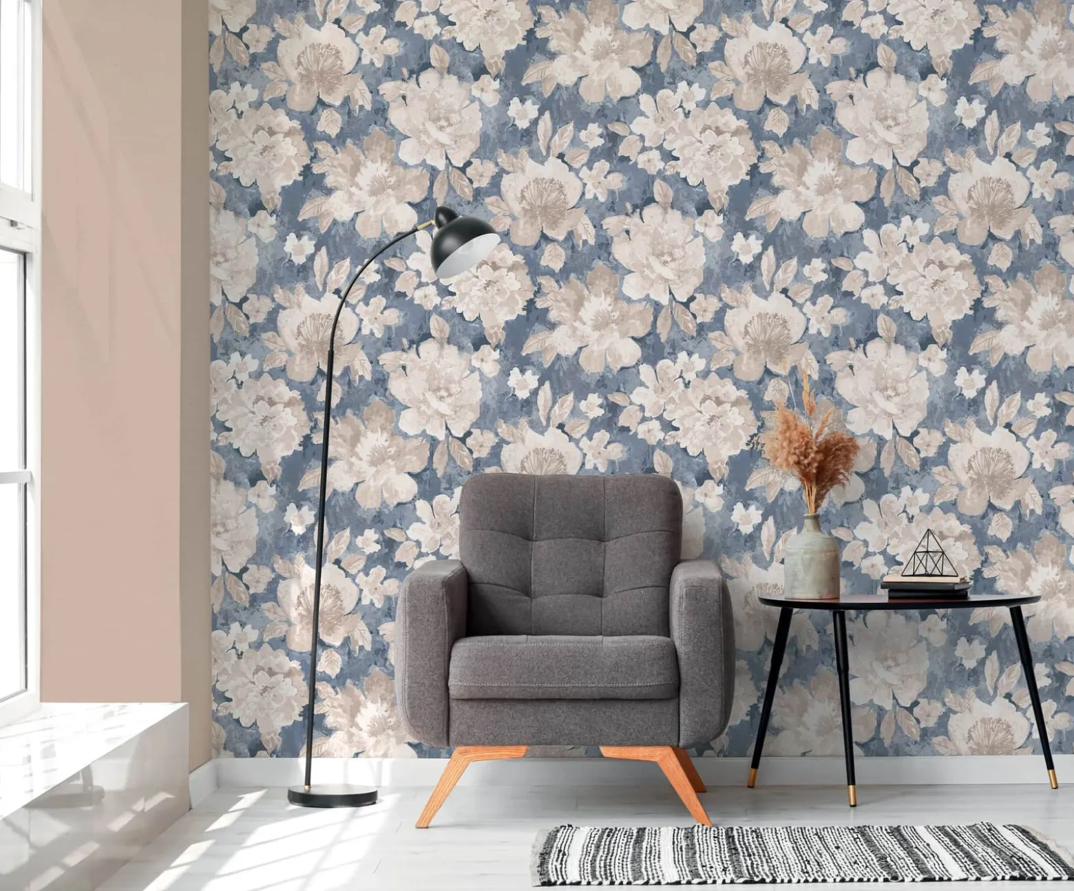 Vliestapete Vintage Blumen Aquarell Blau Beige 39607-1