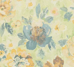 Vliestapete Vintage Blumen Aquarell Grün Gelb 39607-3