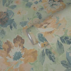 Vliestapete Vintage Blumen Aquarell Grün Gelb 39607-3