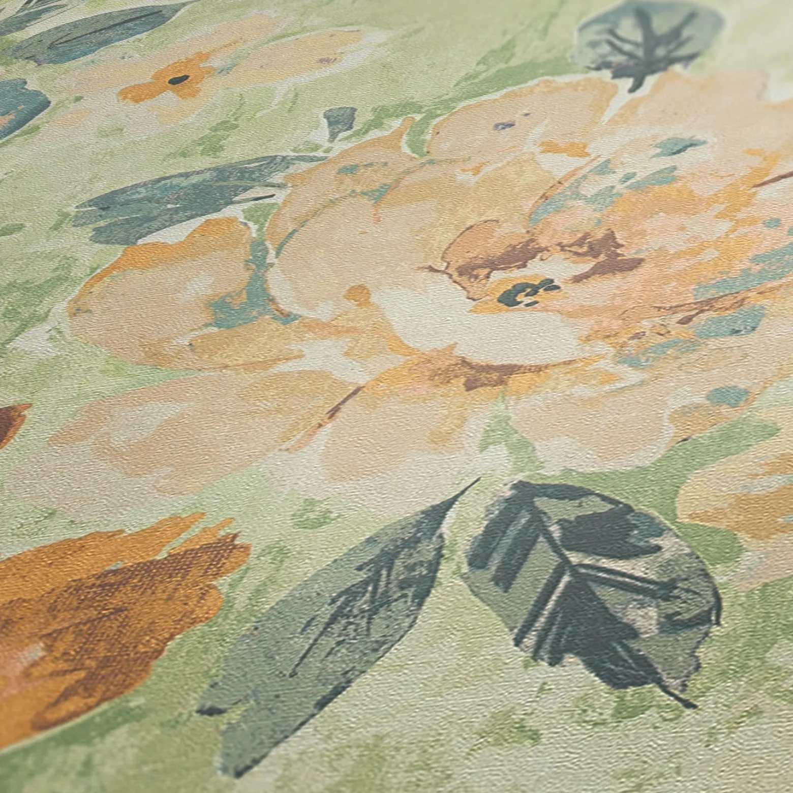 Vliestapete Vintage Blumen Aquarell Grün Gelb 39607-3