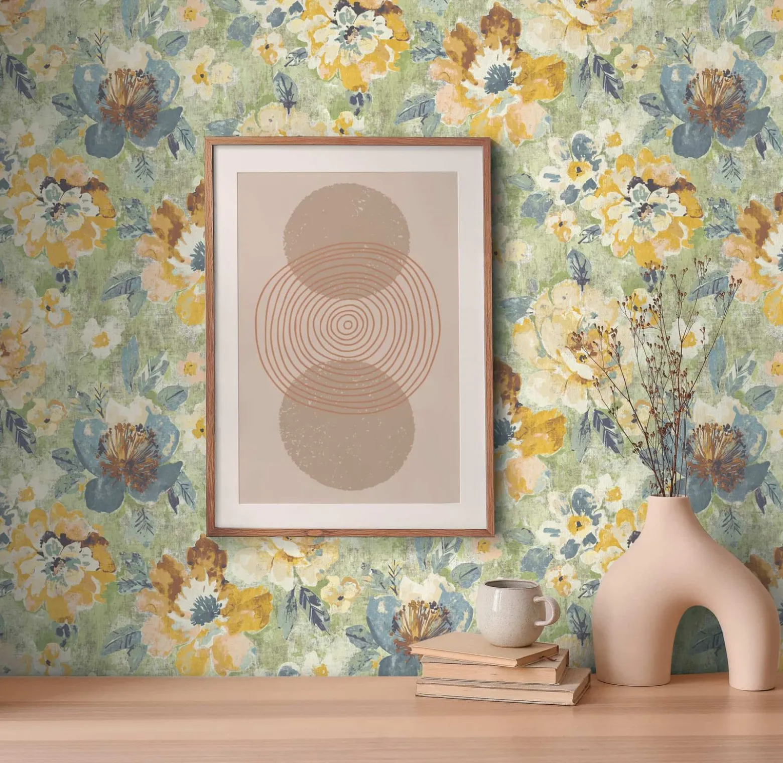Vliestapete Vintage Blumen Aquarell Grün Gelb 39607-3