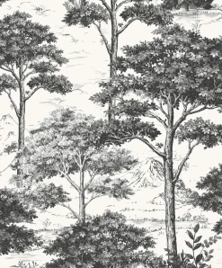 Vliestapete Wald Bäume Berge Creme Schwarz MN3013