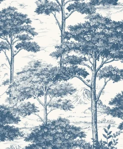 Vliestapete Wald Bäume Berge Creme Blau MN3007