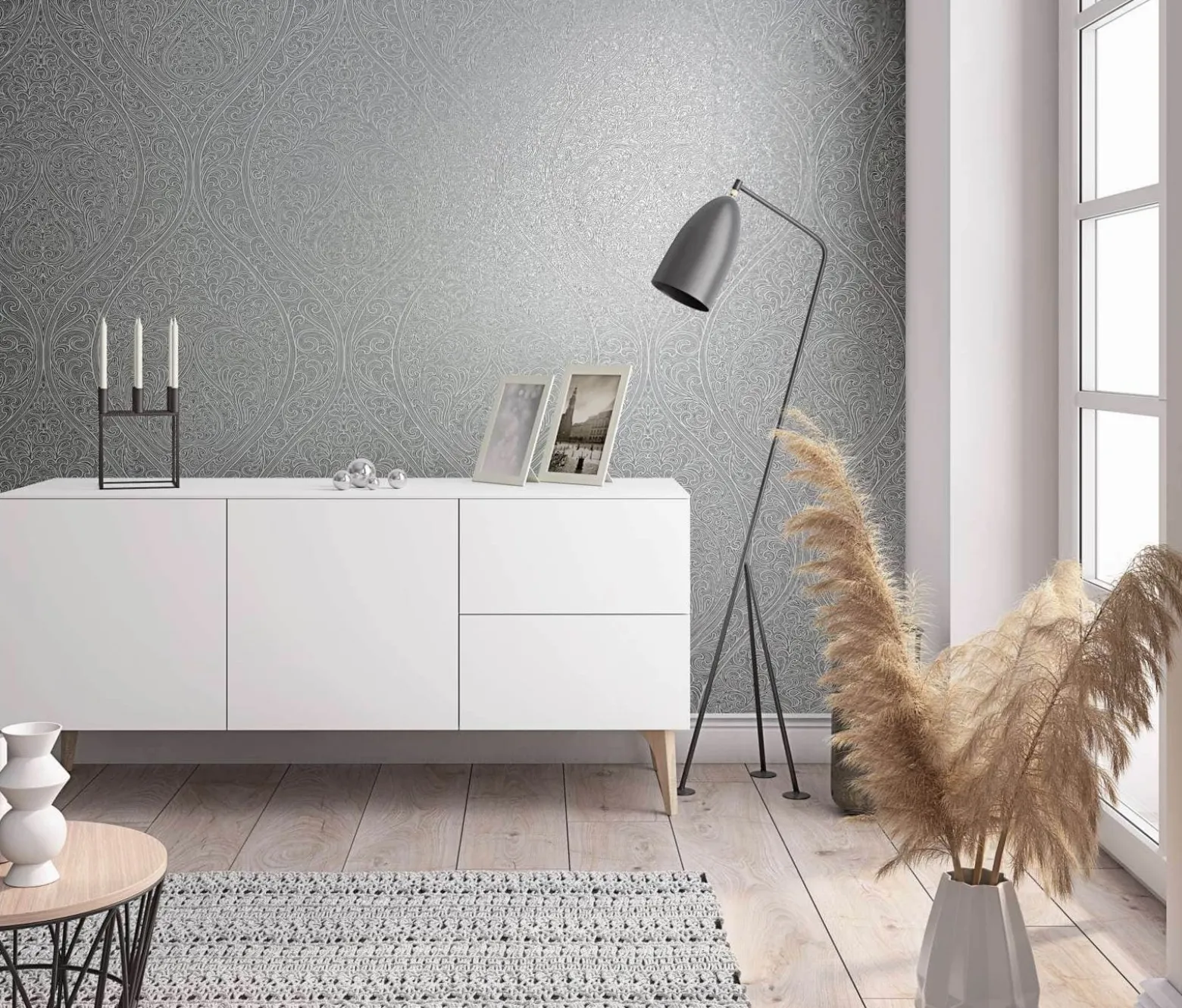 Vliestapete Weiß Silber Metallic Ornamente Marburg 32977