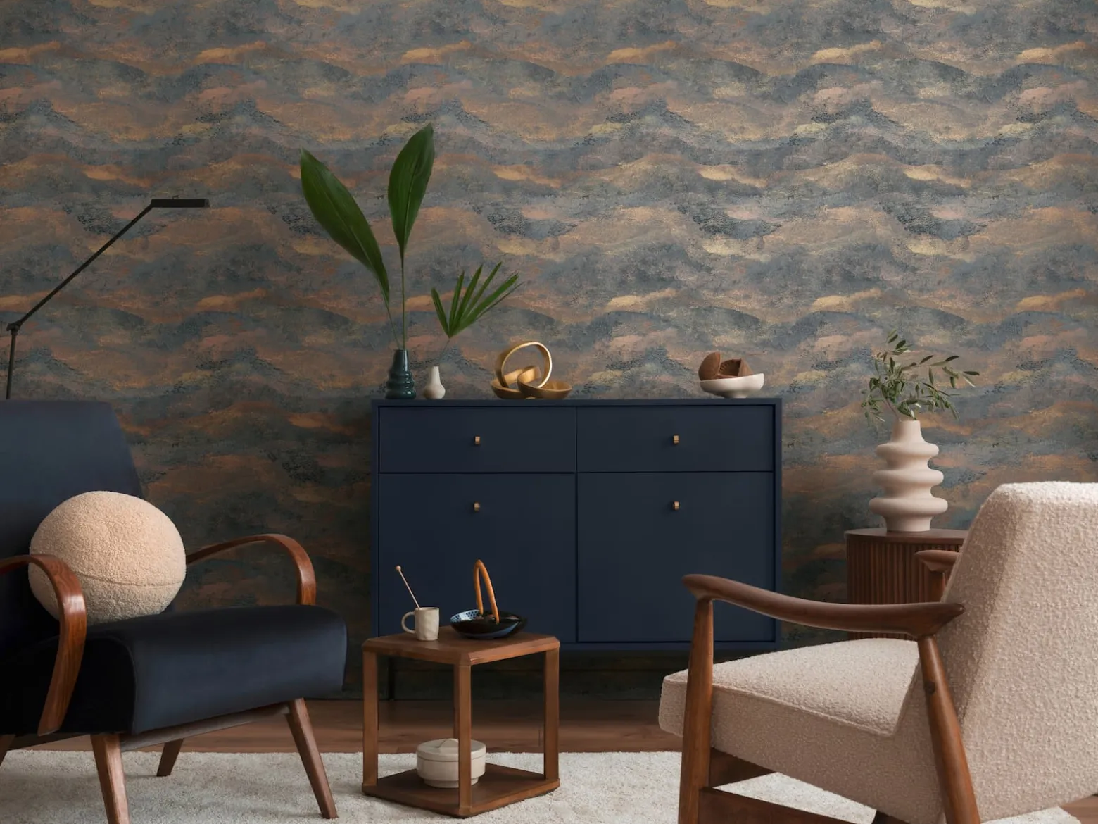 Vliestapete Wellen Abstrakt Schwarz Gold Metallic 78656-4