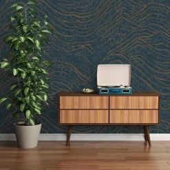 Vliestapete Wellen Dunkelblau Gold Metallic 39507-4