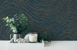 Vliestapete Wellen Dunkelblau Gold Metallic 39507-4