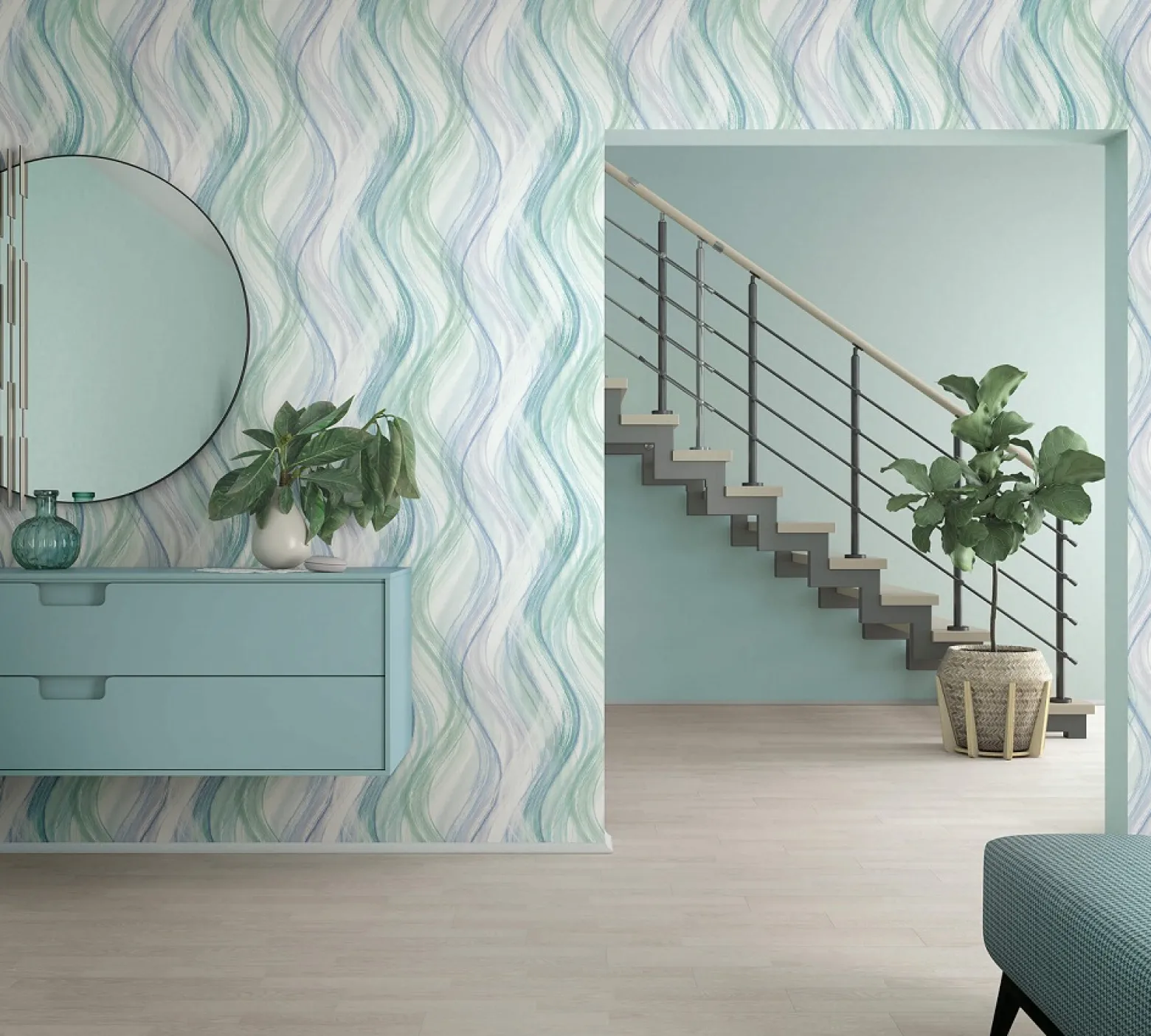 Vliestapete Wellen-Muster blau grün weiß Marburg 32444