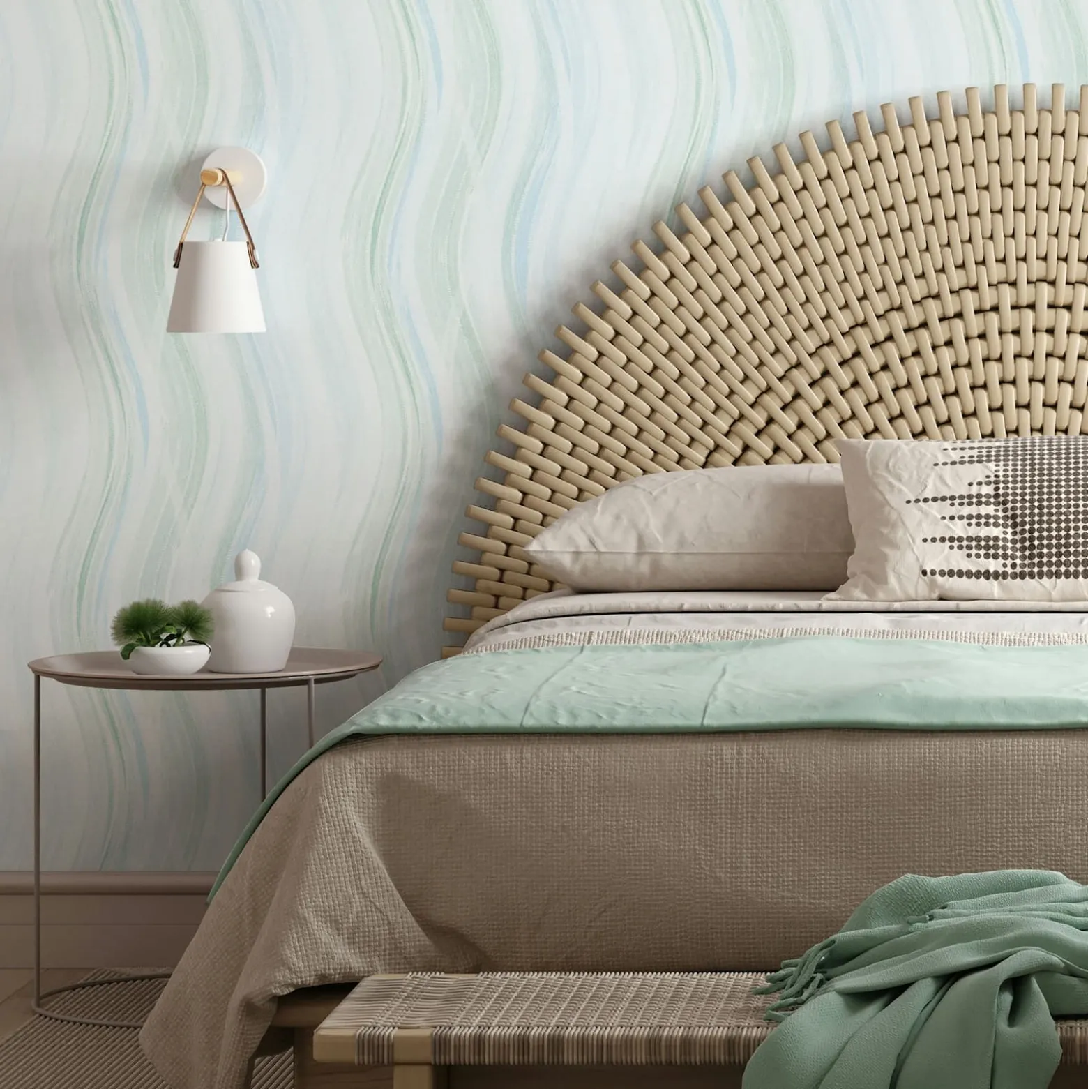 Vliestapete Wellen Muster Streifen Grün Blau Creme 82553