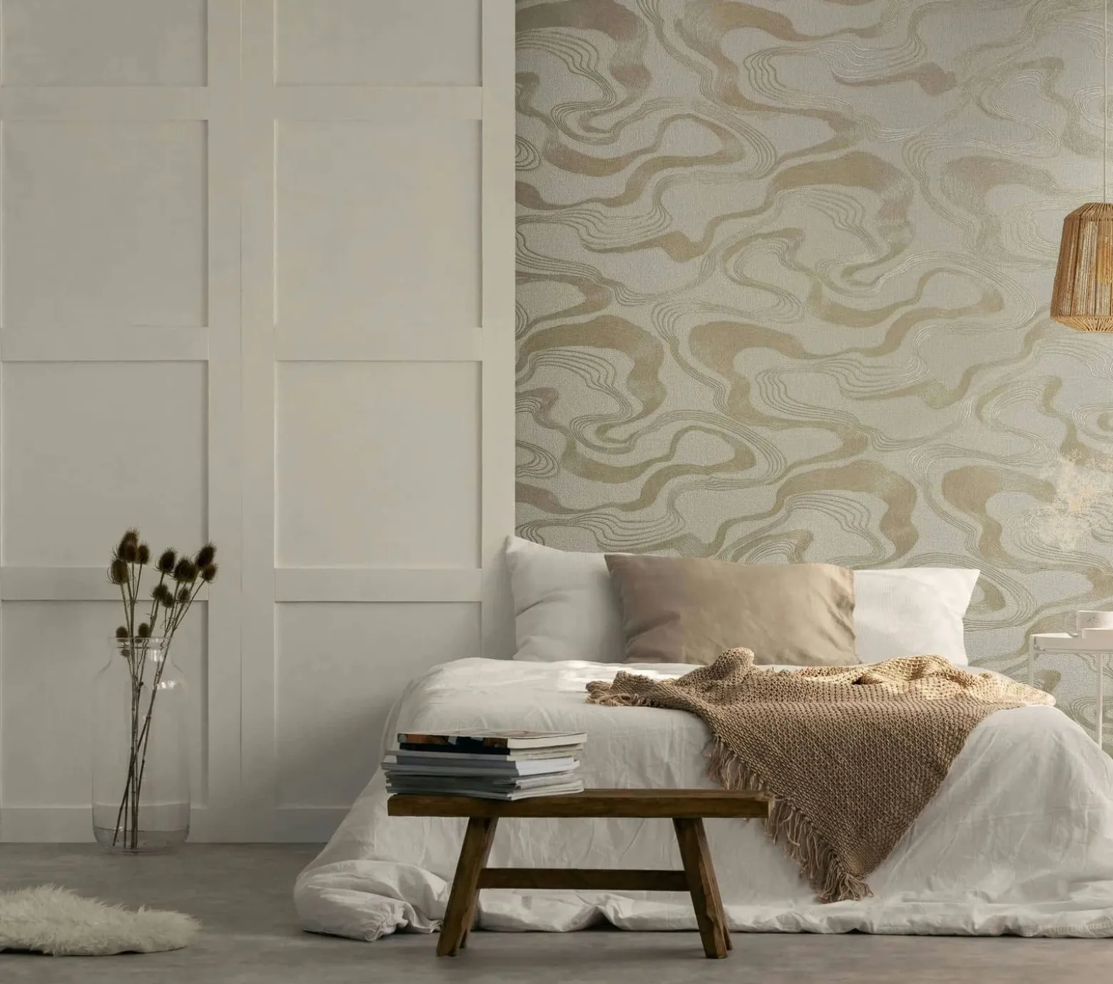 Vliestapete Wellen Textil Optik Beige Metallic 34535
